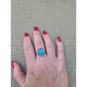 Navajo Ring Sterling Silver Kingman Turquoise Native American Artist 80's Sz 7.5